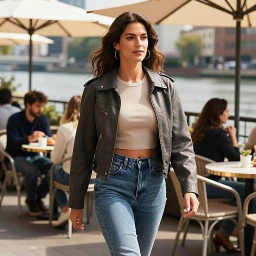 Young Woman Wearing Leather Jacket and Jeans Walking Near Waterfront Cafe