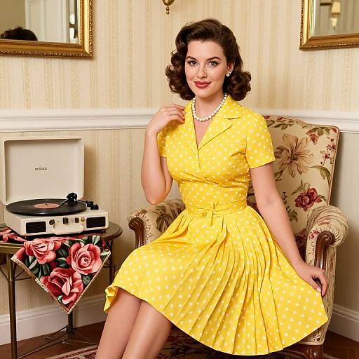 Vintage Woman in Yellow Polka Dot Dress with Retro Turntable