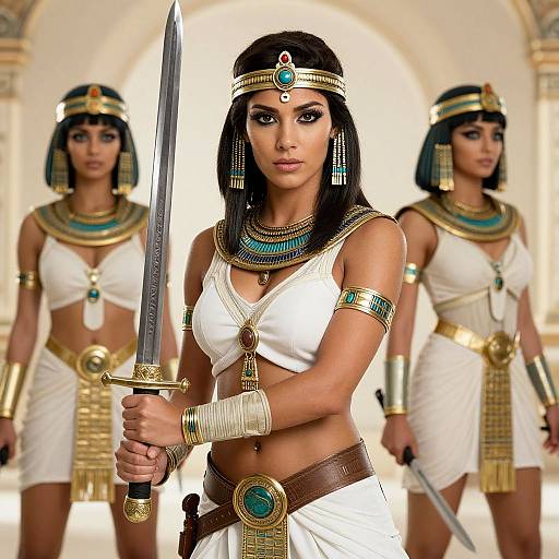 Ancient Egyptian Warrior Women in Traditional Costume with Swords