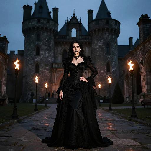 Gothic Woman in Black Victorian Dress Posing at Medieval Castle Entrance