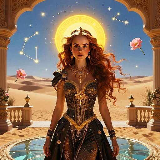 Regal Woman in Celestial Desert Setting Digital Artwork