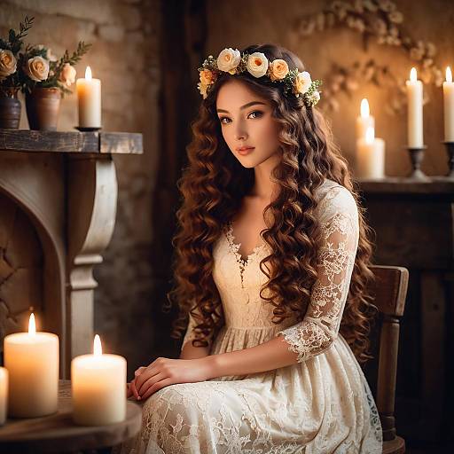 Elegant Woman in Lace Dress with Floral Crown and Candlelight Ambiance