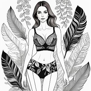Elegant Black and White Woman in Lingerie with Botanical Motifs