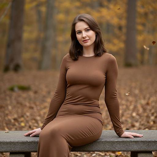 Young Woman Sitting on Stone Bench in Brown Dress Autumn Forest