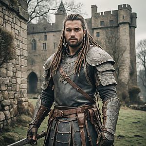Confident Warrior in Medieval Armor Before Ancient Castle
