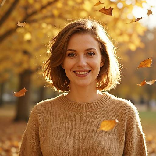 Smiling Woman in Cozy Sweater Surrounded by Autumn Leaves