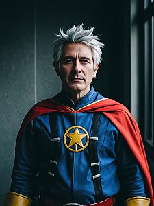 Cosplay Portrait of a Man in Blue Suit with Cape
