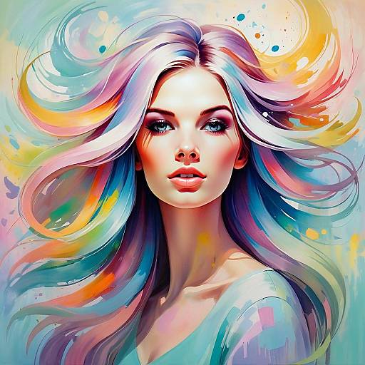 Colorful Digital Portrait of Woman with Flowing Multicolored Hair