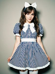 Young Woman in Vintage Blue and White Striped Dress with Bow Headband
