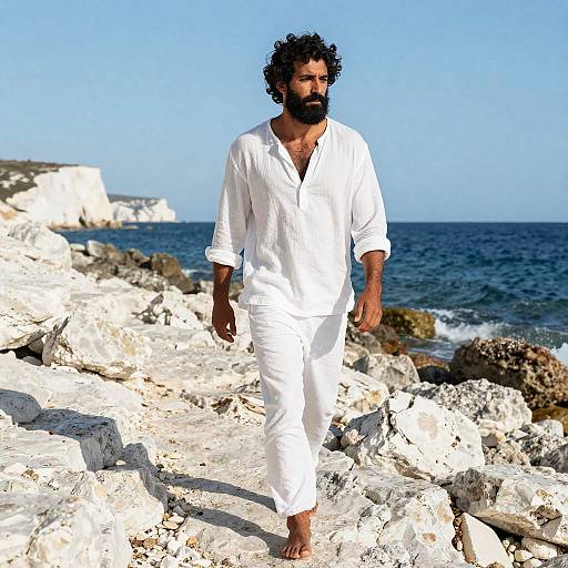 Man Walking Barefoot on Rocky Seashore in White Linen Clothes