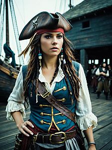 Woman in Jack Sparrow Costume Pirate Cosplay on Ship Deck