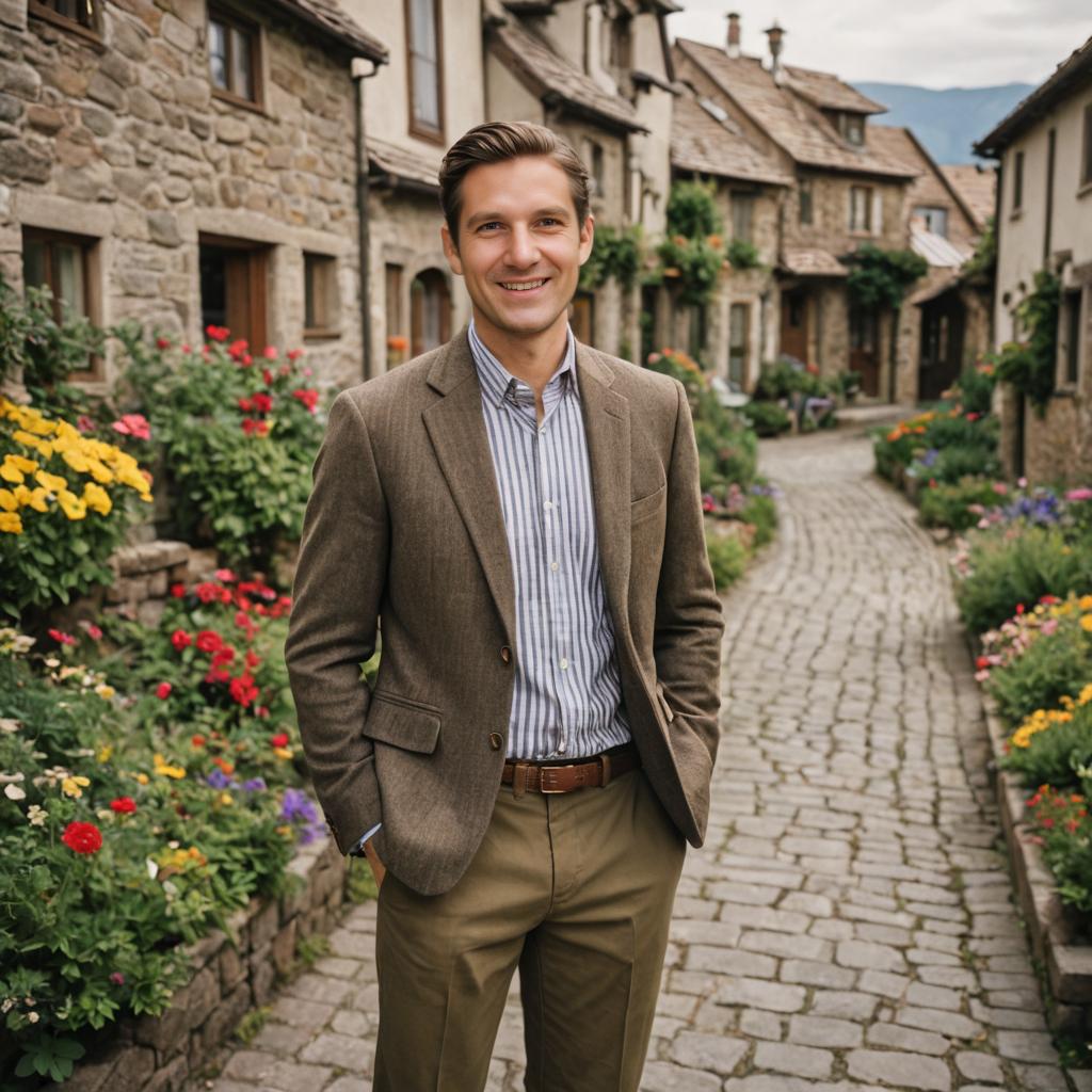 Confident Man in Stylish Blazer on Cobblestone Street