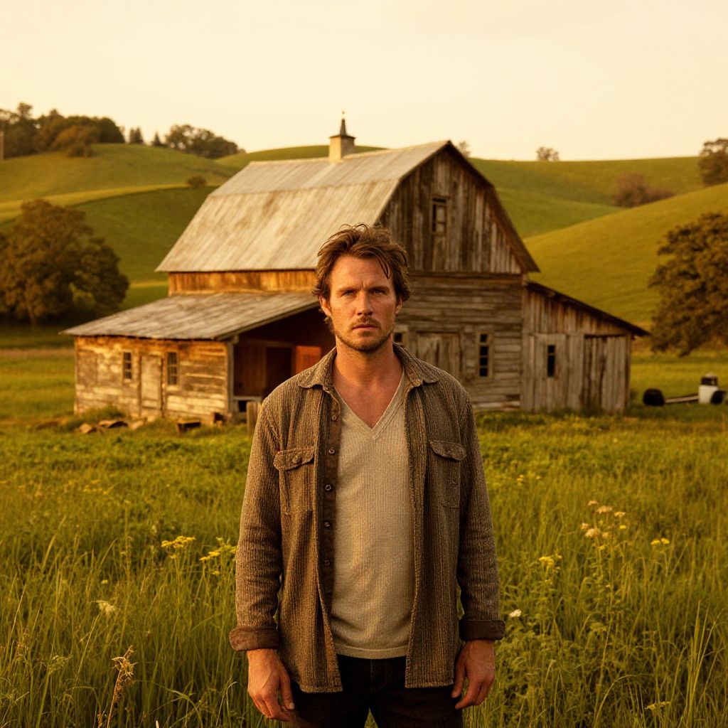 Man Standing by Rustic Barn in Green Countryside Field