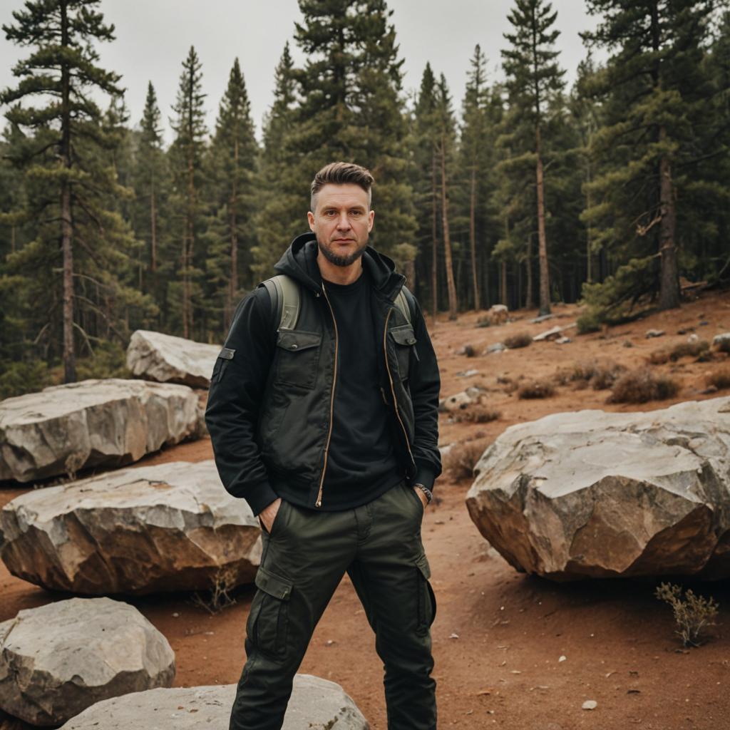 Confident Man in Misty Forest