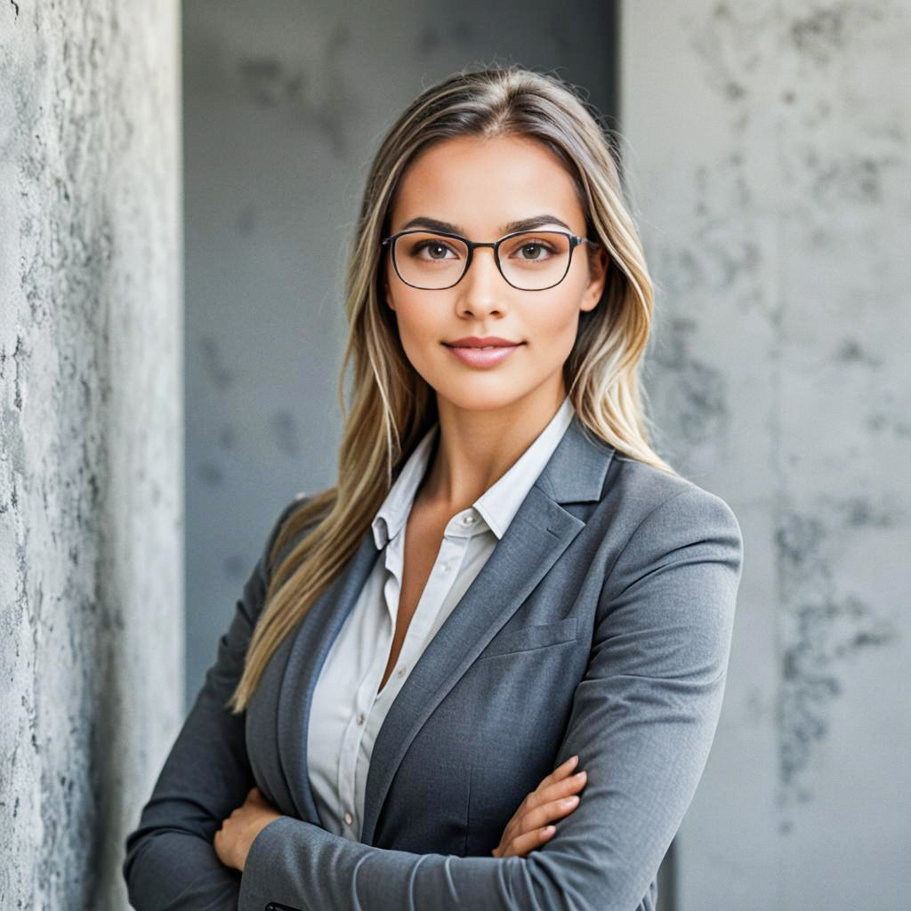 Confident Woman in Gray Suit