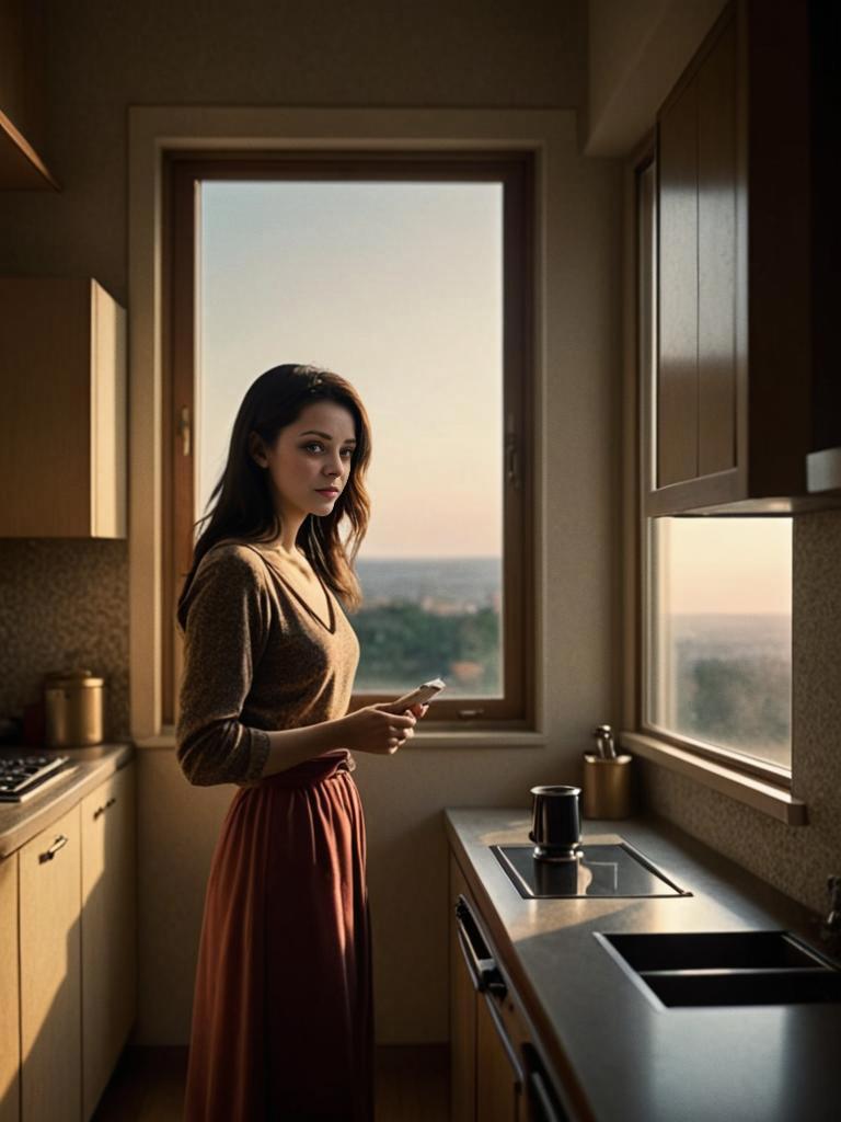 Thoughtful woman in a cozy, light-filled kitchen