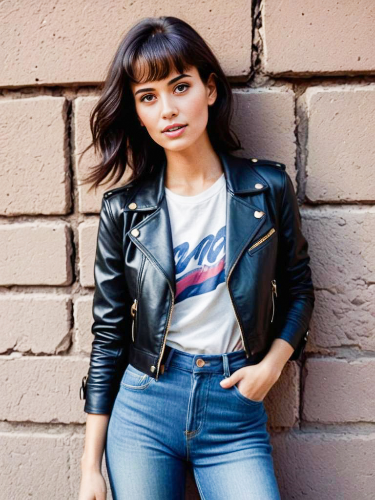 Stylish Woman in Leather Jacket Against Brick Wall