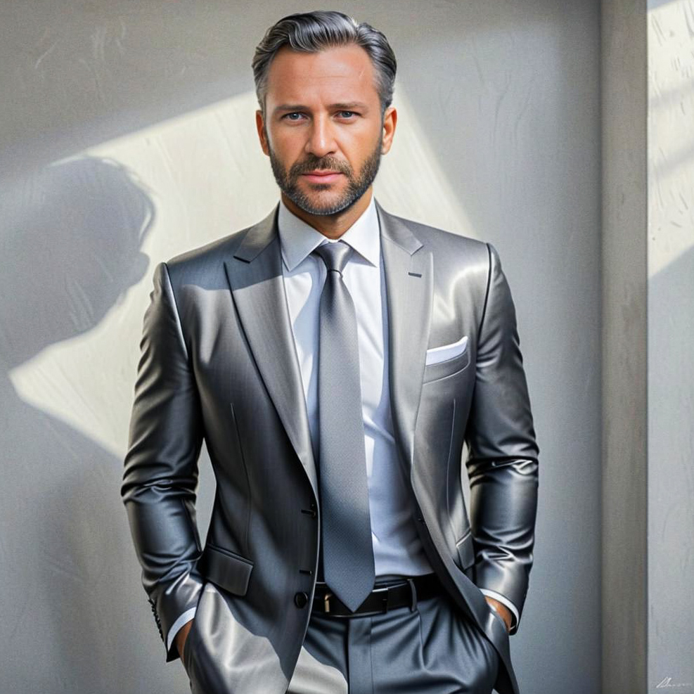 Confident Man in Silver Suit