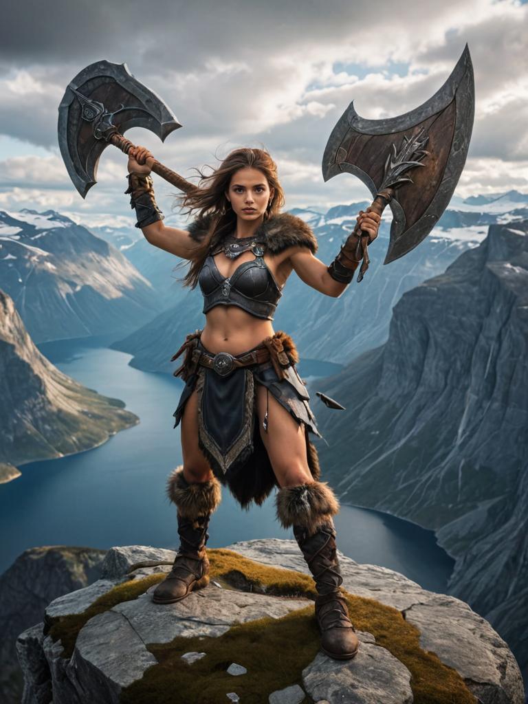 Female Hobgoblin Barbarian in Fur Armor on Mountain