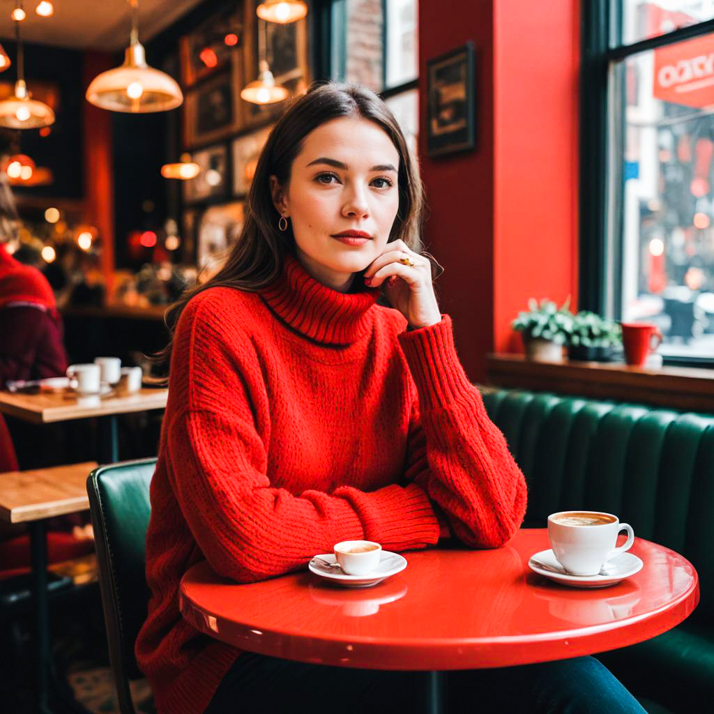 Young Woman in Red Sweater at Cozy Café