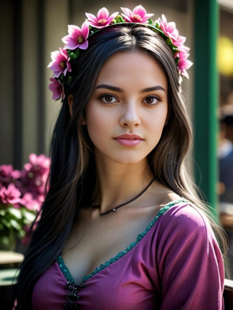 Young Woman in Floral Crown and Vibrant Dress