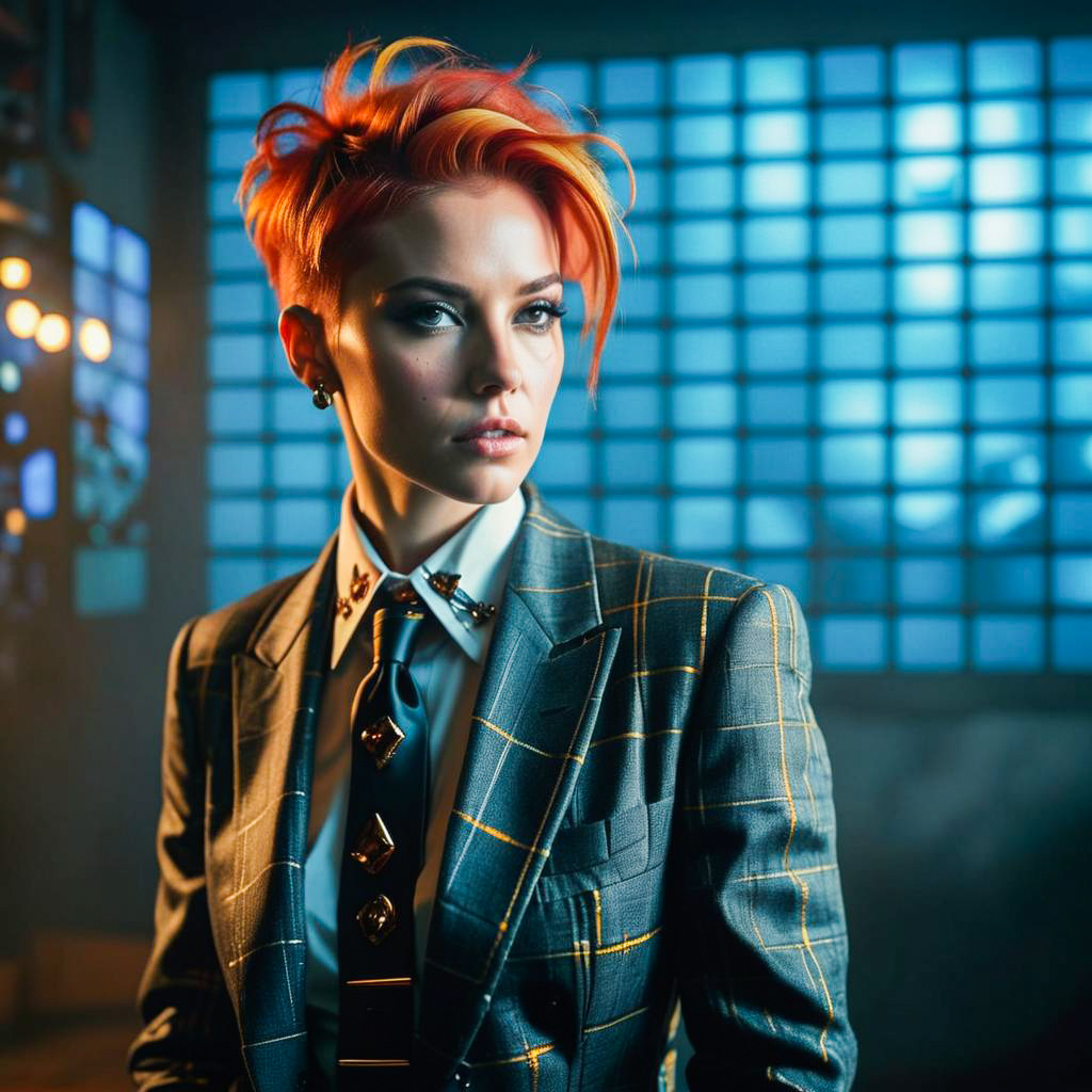 Portrait of a Woman with Orange Hair in Plaid Suit