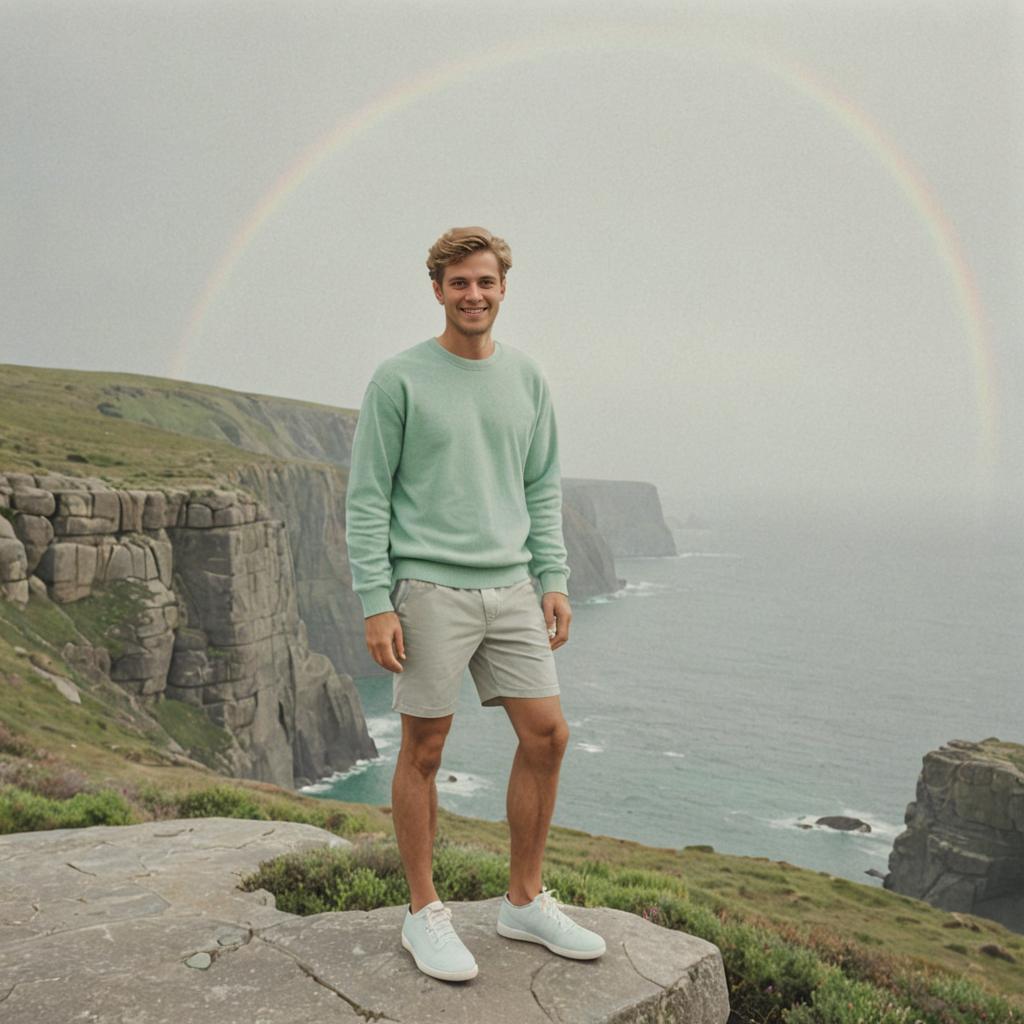 Cheerful man on rocky outcrop with rainbow