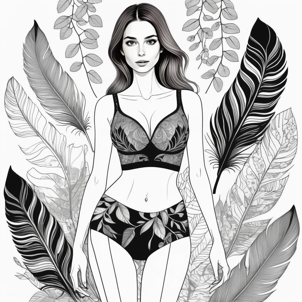 Elegant Black and White Woman in Lingerie with Botanical Motifs