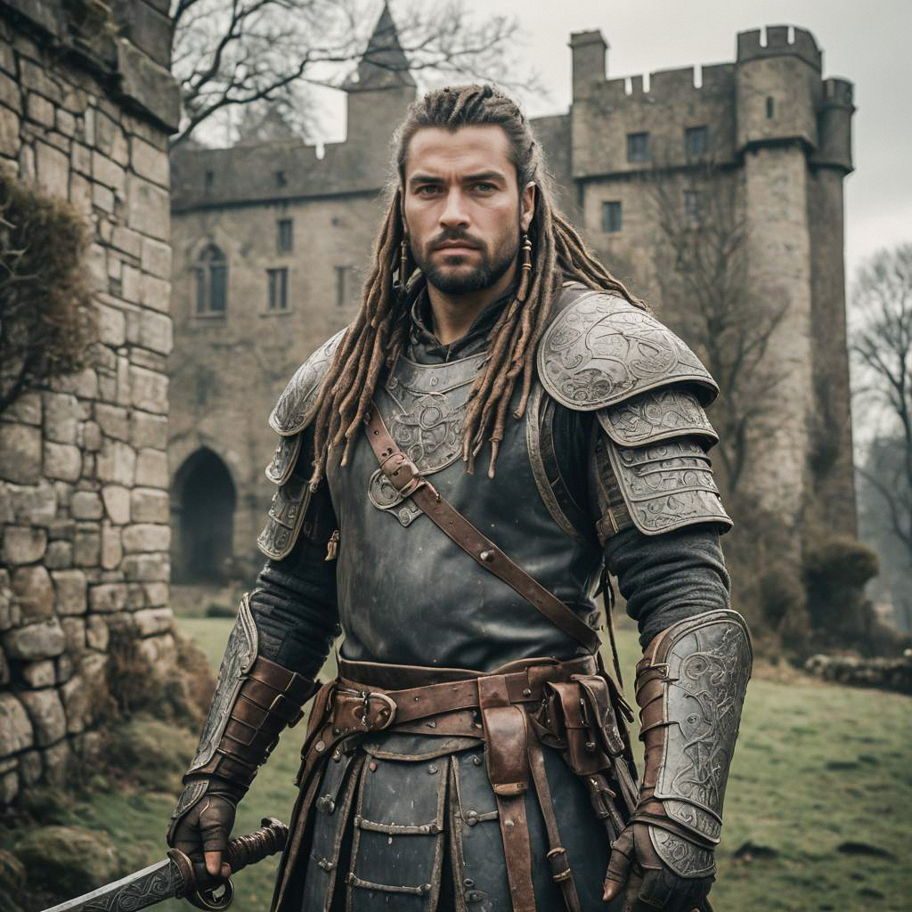 Confident Warrior in Medieval Armor Before Ancient Castle