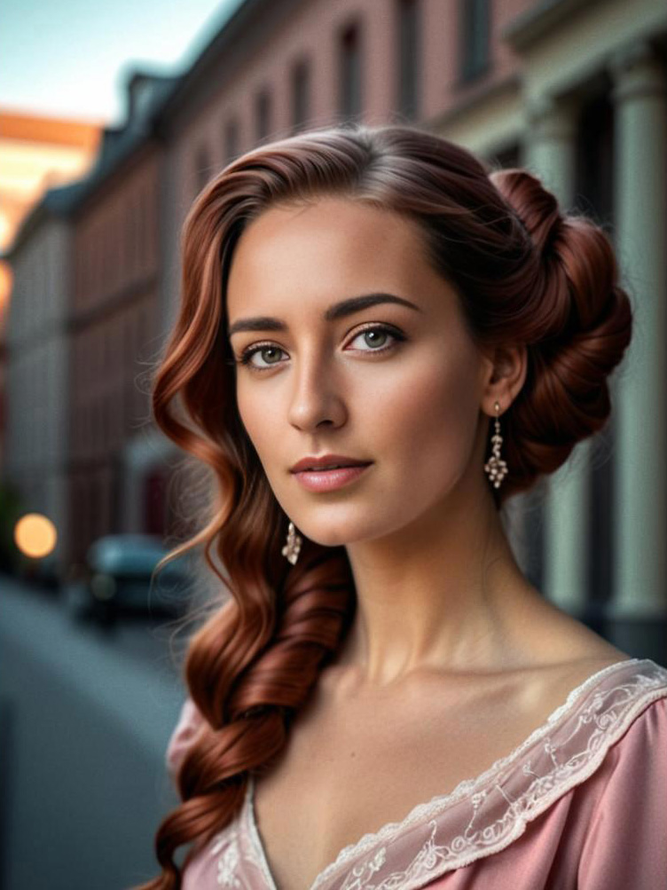 Elegant woman with wavy red hair in urban setting