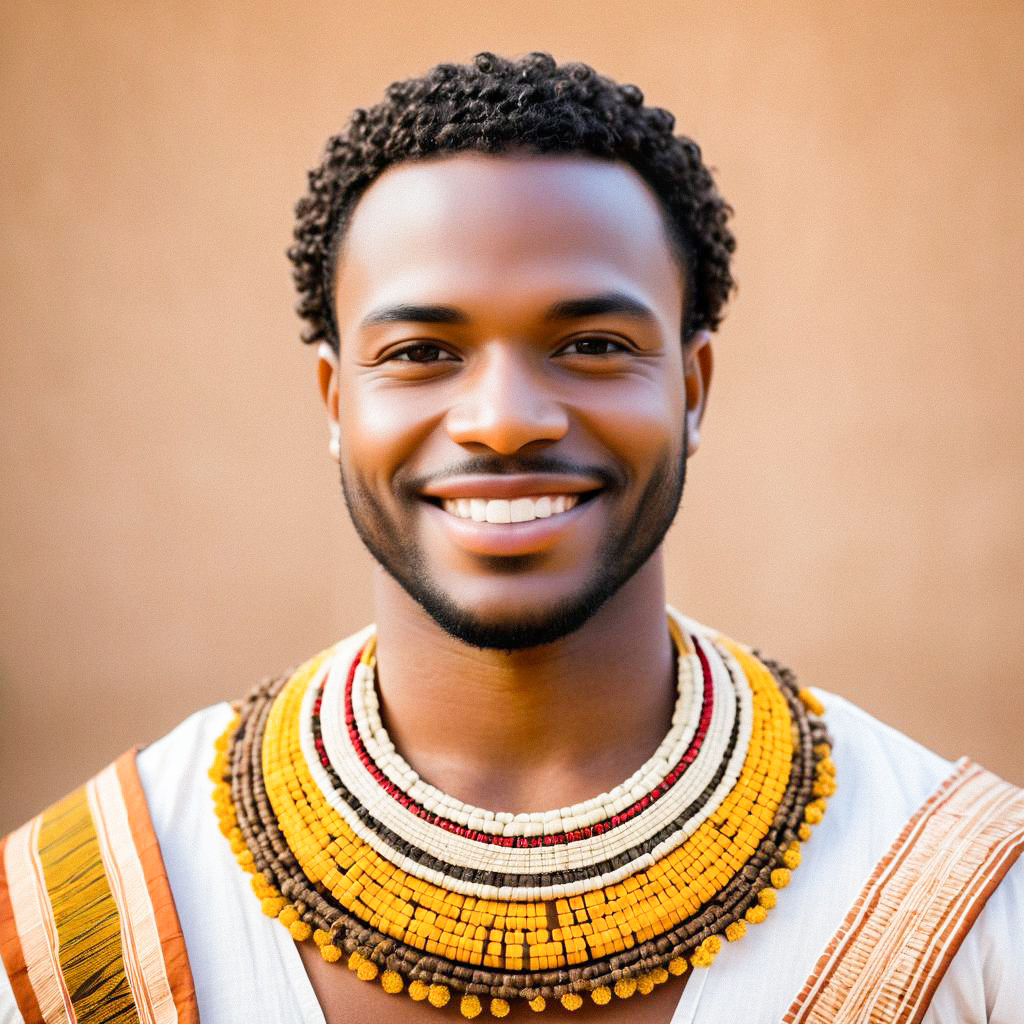 Smiling Man in Traditional African Attire with Colorful Necklace