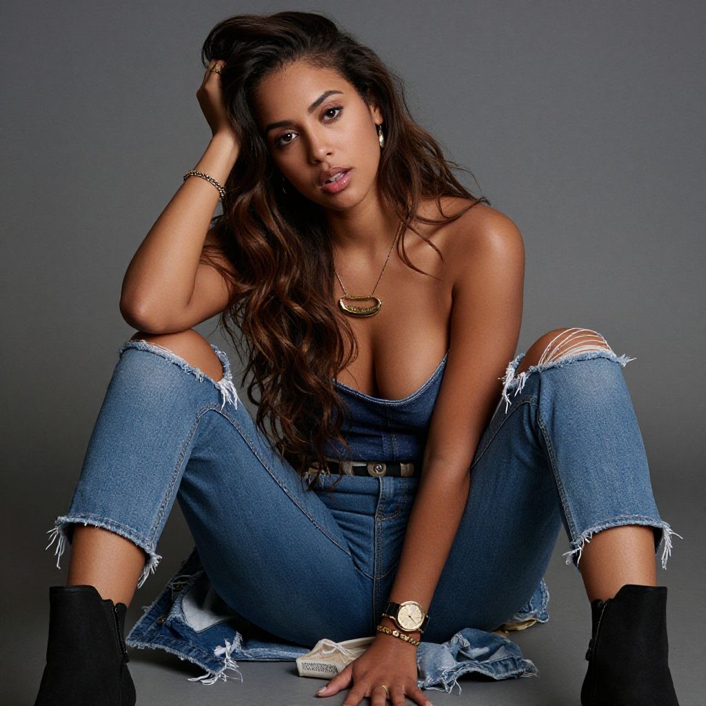 Fashion Portrait of Woman in Denim Jumpsuit and Black Boots