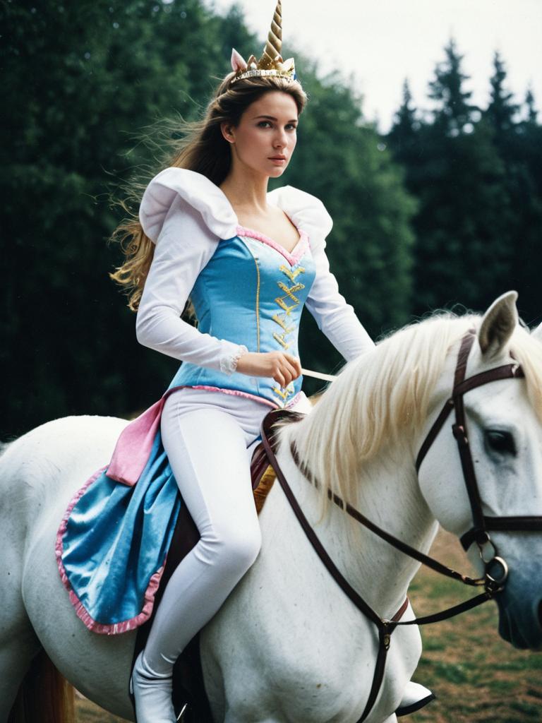 Woman in Princess Costume Riding White Horse with Unicorn Horn Headpiece