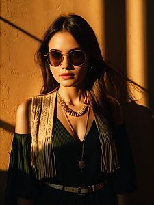 Woman in Bohemian White Off-the-Shoulder Dress with Vertical Texture and Sunglasses