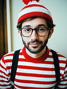 Man in Humorous Where's Wally Cosplay Costume Waist Up Photo