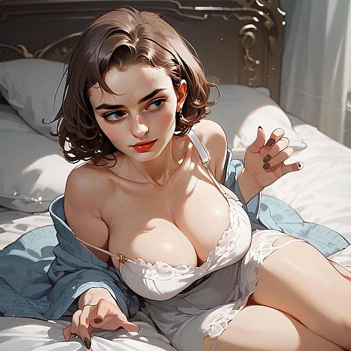Hyper-realistic Anime Artwork of Woman in White Lingerie on Bed