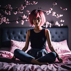 Contemplative Young Woman with Pink Hair on Bed