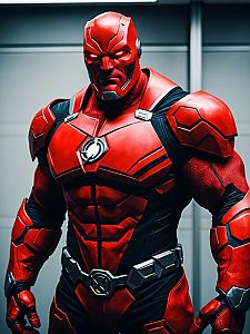Realistic Atrocitus Cosplay Costume on Man with Detailed Red Armor