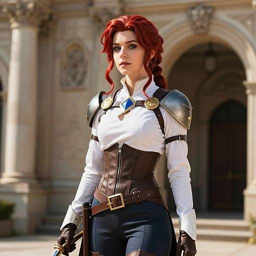 Medieval Fantasy Woman Cosplay with Leather Armor and Blue Gemstone