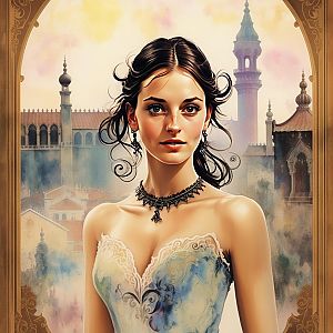 Elegant Woman in Lace Bodice by Arched Window