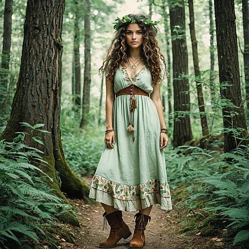 Bohemian Woman in Green Dress Standing on Forest Path