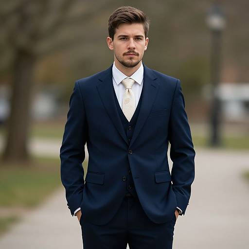 Young Man in Navy Blue Three-Piece Suit Outdoors