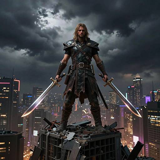 Medieval Warrior with Dual Swords Standing on Ruins in Modern Cityscape