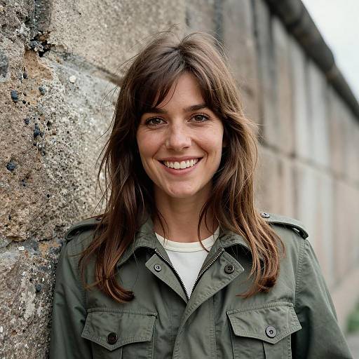 Smiling Woman Wearing M-65 Field Jacket Standing by Stone Wall