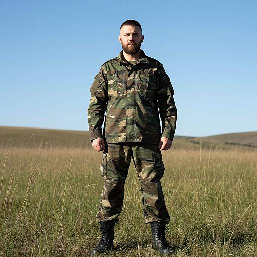 Man in Camouflage Military Uniform Standing in Open Field