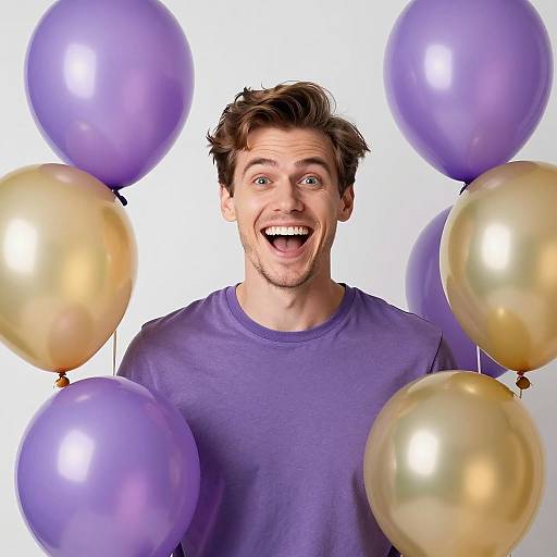 Excited Young Man Celebrating with Purple and Gold Balloons