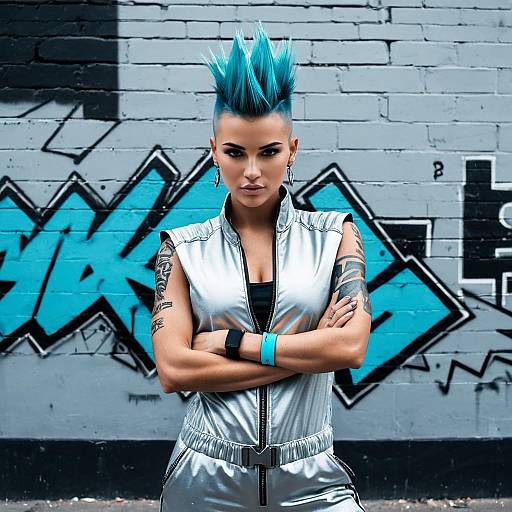 Confident Woman with Blue Spiked Hair and Silver Futuristic Outfit by Graffiti Wall