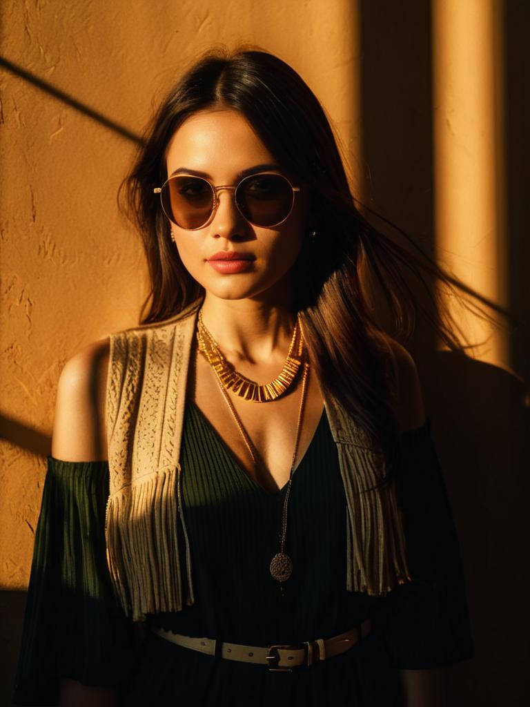 Woman in Bohemian White Off-the-Shoulder Dress with Vertical Texture and Sunglasses