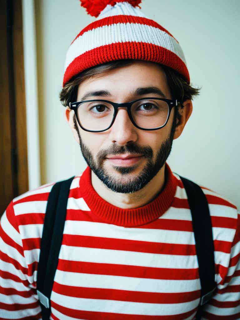 Man in Humorous Where's Wally Cosplay Costume Waist Up Photo