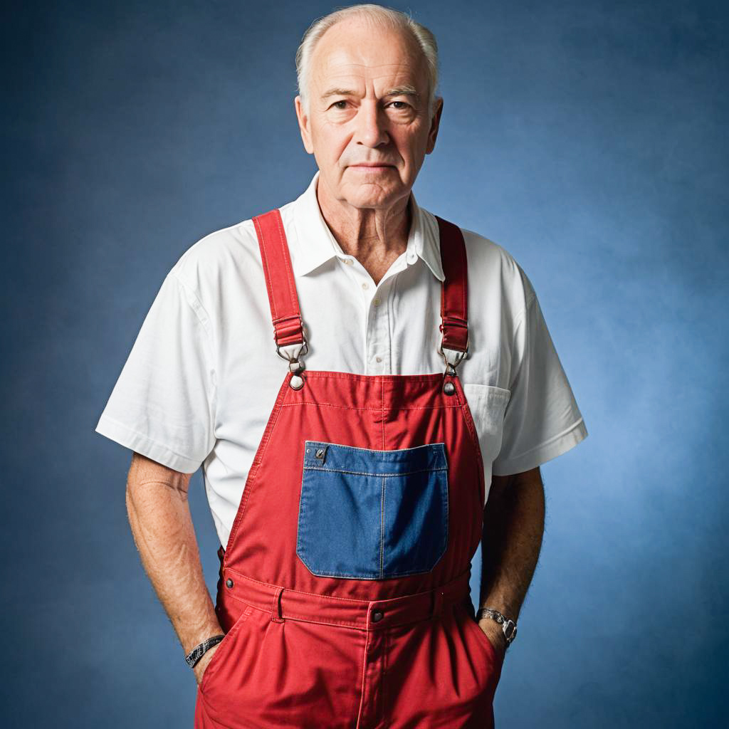 Elderly Man in Red Overalls